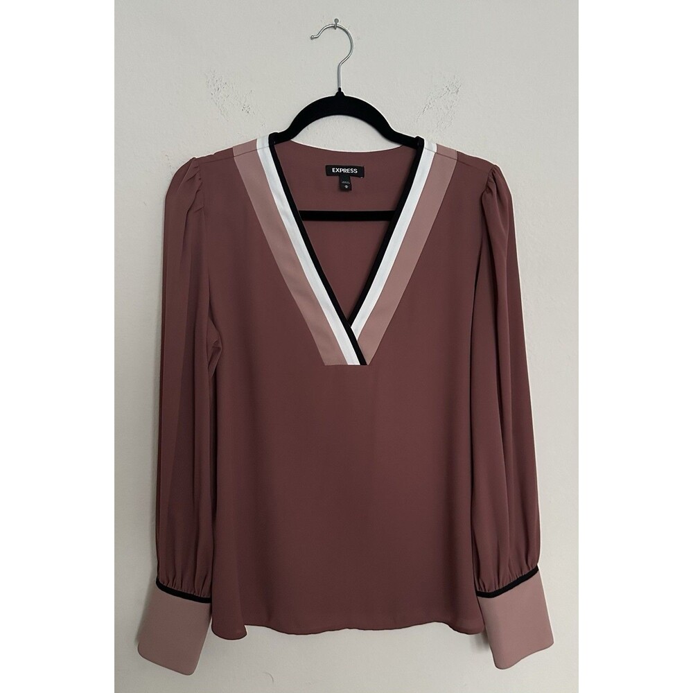 Express Women's Color-Block V-Neck Blouse - Size M - Mauve Taupe- Long Sleeve - Picture 4 of 16